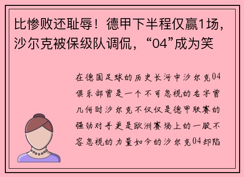 比惨败还耻辱！德甲下半程仅赢1场，沙尔克被保级队调侃，“04”成为笑柄